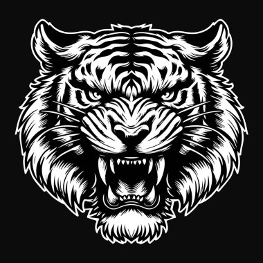 Keskin dişli Kara Sanat Öfkeli Canavar Kaplan Kafalı Siyah ve Beyaz Görüntü