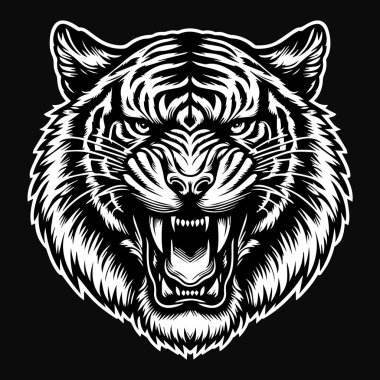 Keskin dişli Kara Sanat Öfkeli Canavar Kaplan Kafalı Siyah ve Beyaz Görüntü