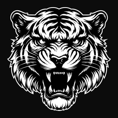 Keskin dişli Kara Sanat Öfkeli Canavar Kaplan Kafalı Siyah ve Beyaz Görüntü