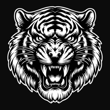 Keskin dişli Kara Sanat Öfkeli Canavar Kaplan Kafalı Siyah ve Beyaz Görüntü