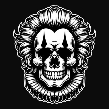 Dark Art Clown Creepy Face Skull Head Black and White Illustration clipart