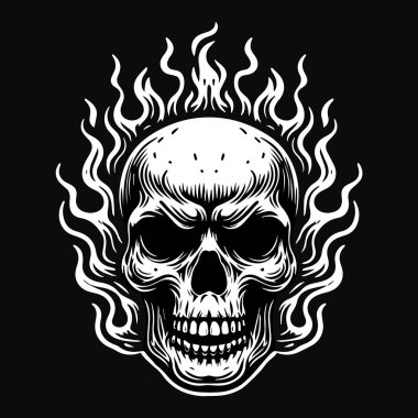 Karanlık Sanat Korkunç Şeytan Ateş Kafatası Siyah ve Beyaz İllüzyon