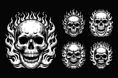 Karanlık Sanat Korkunç Şeytan Ateş Kafatası Siyah ve Beyaz İllüzyon