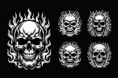 Karanlık Sanat Korkunç Şeytan Ateş Kafatası Siyah ve Beyaz İllüzyon