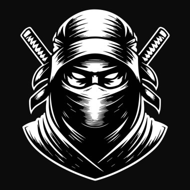 Karanlık Sanat Gizemli Japon Ninja Başı Siyah ve Beyaz Görüntü