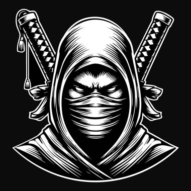 Karanlık Sanat Gizemli Japon Ninja Başı Siyah ve Beyaz Görüntü