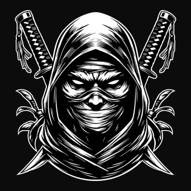 Karanlık Sanat Gizemli Japon Ninja Başı Siyah ve Beyaz Görüntü