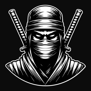 Karanlık Sanat Gizemli Japon Ninja Başı Siyah ve Beyaz Görüntü