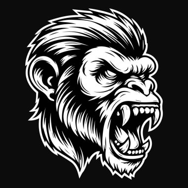 Keskin dişleri olan Kara Sanat Öfkeli Maymun Kafası Siyah ve Beyaz Resimli