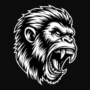 Keskin dişleri olan Kara Sanat Öfkeli Maymun Kafası Siyah ve Beyaz Resimli