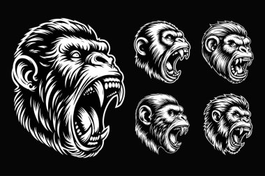 Keskin dişleri olan Kara Sanat Öfkeli Maymun Kafası Siyah ve Beyaz Resimli