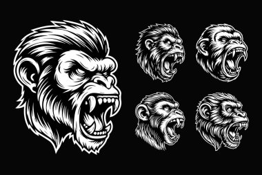 Keskin dişleri olan Kara Sanat Öfkeli Maymun Kafası Siyah ve Beyaz Resimli