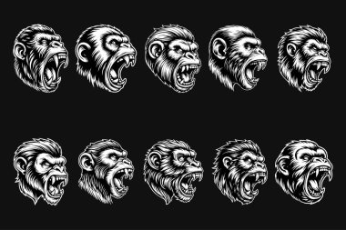 Keskin dişleri olan Kara Sanat Öfkeli Maymun Kafası Siyah ve Beyaz Resimli