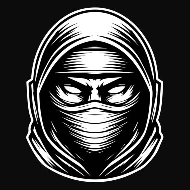 Karanlık Sanat Gizemli Japon Ninja Başı Siyah ve Beyaz İllüstrasyon