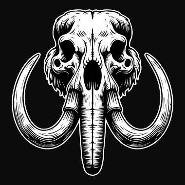 Kara Sanat Antik Mamut Kafatası Siyah ve Beyaz Çizim