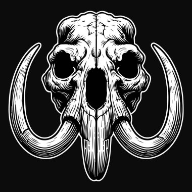 Kara Sanat Antik Mamut Kafatası Siyah ve Beyaz Çizim