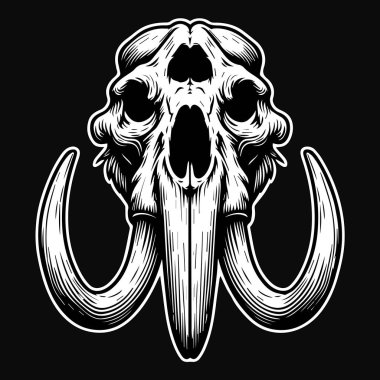 Kara Sanat Antik Mamut Kafatası Siyah ve Beyaz Çizim