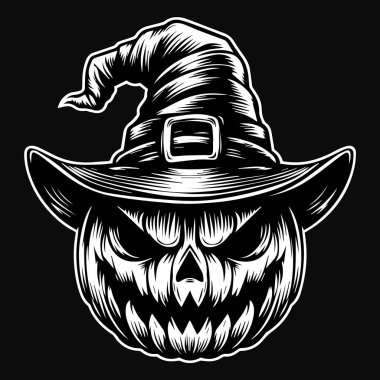 Kara Sanat Balkabağı Cadılar Bayramı Kafası Cadı Şapkası Siyah ve Beyaz Görüntü Kullan