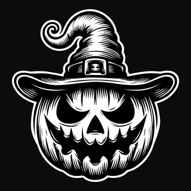 Kara Sanat Balkabağı Cadılar Bayramı Kafası Cadı Şapkası Siyah ve Beyaz Görüntü Kullan