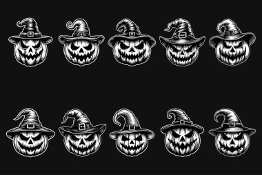 Kara Sanat Balkabağı Cadılar Bayramı Kafası Cadı Şapkası Siyah ve Beyaz Görüntü Kullan