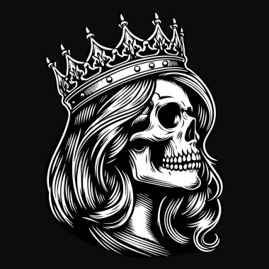 Koyu Sanat Kraliçesi Kafatası Uzun Saçlı Siyah ve Beyaz Resimli