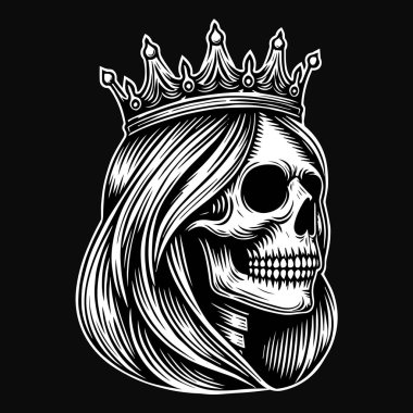 Koyu Sanat Kraliçesi Kafatası Uzun Saçlı Siyah ve Beyaz Resimli