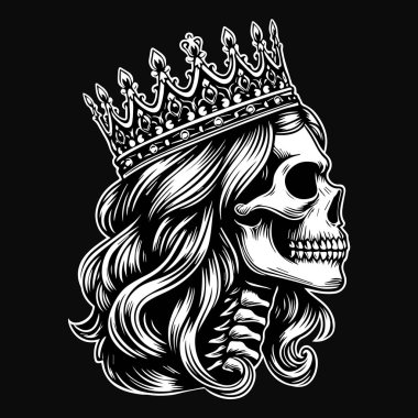 Koyu Sanat Kraliçesi Kafatası Uzun Saçlı Siyah ve Beyaz Resimli