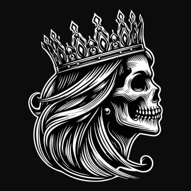 Koyu Sanat Kraliçesi Kafatası Uzun Saçlı Siyah ve Beyaz Resimli