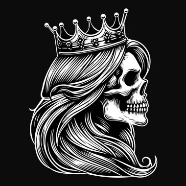 Koyu Sanat Kraliçesi Kafatası Uzun Saçlı Siyah ve Beyaz Resimli