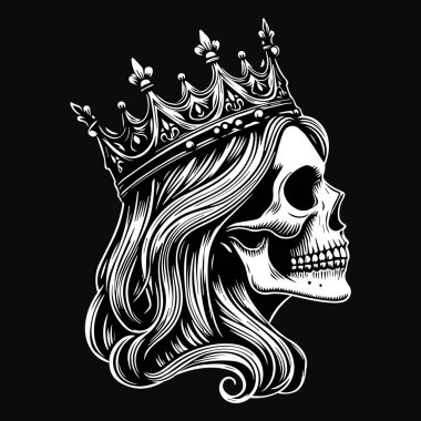 Koyu Sanat Kraliçesi Kafatası Uzun Saçlı Siyah ve Beyaz Resimli