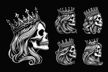 Koyu Sanat Kraliçesi Kafatası Uzun Saçlı Siyah ve Beyaz Resimli