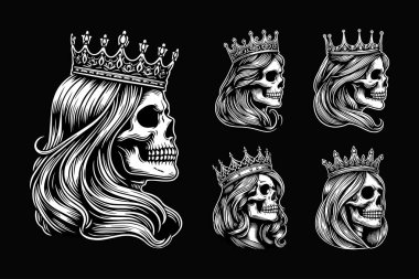 Koyu Sanat Kraliçesi Kafatası Uzun Saçlı Siyah ve Beyaz Resimli