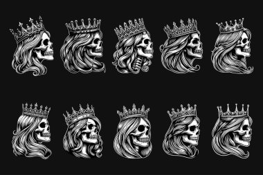 Koyu Sanat Kraliçesi Kafatası Uzun Saçlı Siyah ve Beyaz Resimli