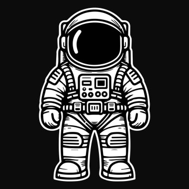Dark Art Space Astronot Karikatürü Tam Vücut Siyah ve Beyaz Çizim