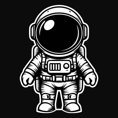 Dark Art Space Astronot Karikatürü Tam Vücut Siyah ve Beyaz Çizim