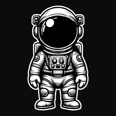 Dark Art Space Astronot Karikatürü Tam Vücut Siyah ve Beyaz Çizim