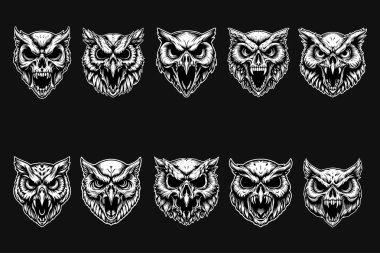 Karanlık Sanat Korkunç Kızgın Vahşi Baykuş Kafatası Siyah ve Beyaz Çizim