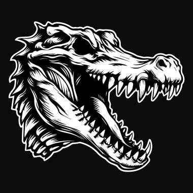 Keskin Isırık Siyah ve Beyaz Resimli Karanlık Sanat Kızgın Kafatası Timsah Kafası