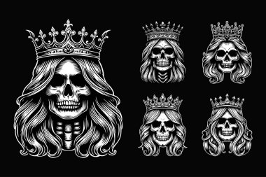 Karanlık Sanat Korkunç Kafatası Kraliçesi Tacı Siyah ve Beyaz Görüntü Kullan