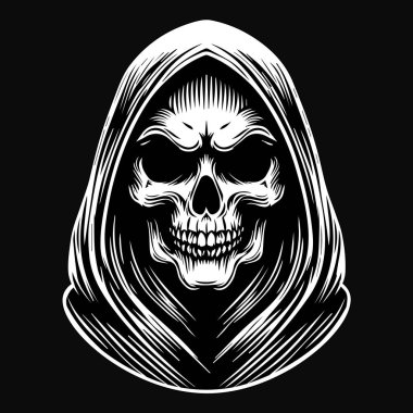 Dark Art Scary Skull Reaper Ghost Head Black and White Illustration clipart