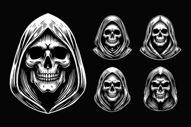 Dark Art Scary Skull Reaper Ghost Head Black and White Illustration clipart