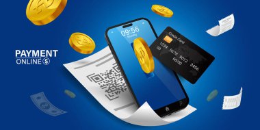 Qr kodunu tara ve cep telefonu ile öde. Mobil tarama QR kod kodu mavi arka plandaki fatura üzerine ödeme faturası. Uygun ve hızlı cep telefonu ödeme konsepti. Çevrimiçi işlemler, ödeme, uygulama ile birlikte
