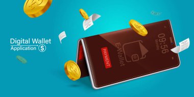 Para cep telefonunda, vektör tasarımında. Sermaye akışı, kazanmak ya da para kazanmak. Finansal tasarruflar. Yeşil arka planda mobil cüzdan. İnternet üzerinden para harcama kavramı..