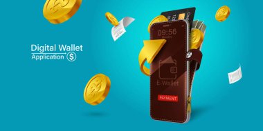 Para cep telefonunda, vektör tasarımında. Sermaye akışı, kazanmak ya da para kazanmak. Finansal tasarruflar. Yeşil arka planda mobil cüzdan. İnternet üzerinden para harcama kavramı..