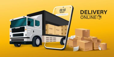 Mobil uygulama üzerinden çevrimiçi dağıtım hizmetinin bir yansıması. Çevrimiçi sipariş takip merkezi ve ofis teslimat servisi. Şehir lojistiği. Depo, kamyon, forklift, kurye, kurye, cep telefonu..