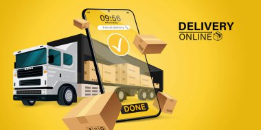 Mobil uygulama üzerinden çevrimiçi dağıtım hizmetinin bir yansıması. Çevrimiçi sipariş takip merkezi ve ofis teslimat servisi. Şehir lojistiği. Depo, kamyon, forklift, kurye, kurye, cep telefonu..