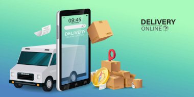 Mobil uygulama üzerinden çevrimiçi dağıtım hizmetinin bir yansıması. Çevrimiçi sipariş takip merkezi ve ofis teslimat servisi. Şehir lojistiği. Depo, kamyon, forklift, kurye, kurye, cep telefonu..