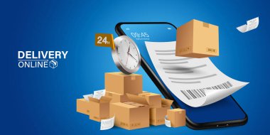 Mobil uygulama üzerinden çevrimiçi dağıtım hizmetinin bir yansıması. Çevrimiçi sipariş takip merkezi ve ofis teslimat servisi. Şehir lojistiği. Depo, kamyon, forklift, kurye, kurye, cep telefonu..