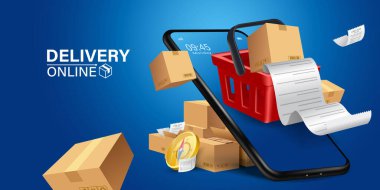 Mobil uygulama üzerinden çevrimiçi dağıtım hizmetinin bir yansıması. Çevrimiçi sipariş takip merkezi ve ofis teslimat servisi. Şehir lojistiği. Depo, kamyon, forklift, kurye, kurye, cep telefonu..