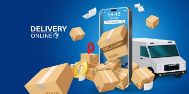 Mobil uygulama üzerinden çevrimiçi dağıtım hizmetinin bir yansıması. Çevrimiçi sipariş takip merkezi ve ofis teslimat servisi. Şehir lojistiği. Depo, kamyon, forklift, kurye, kurye, cep telefonu..